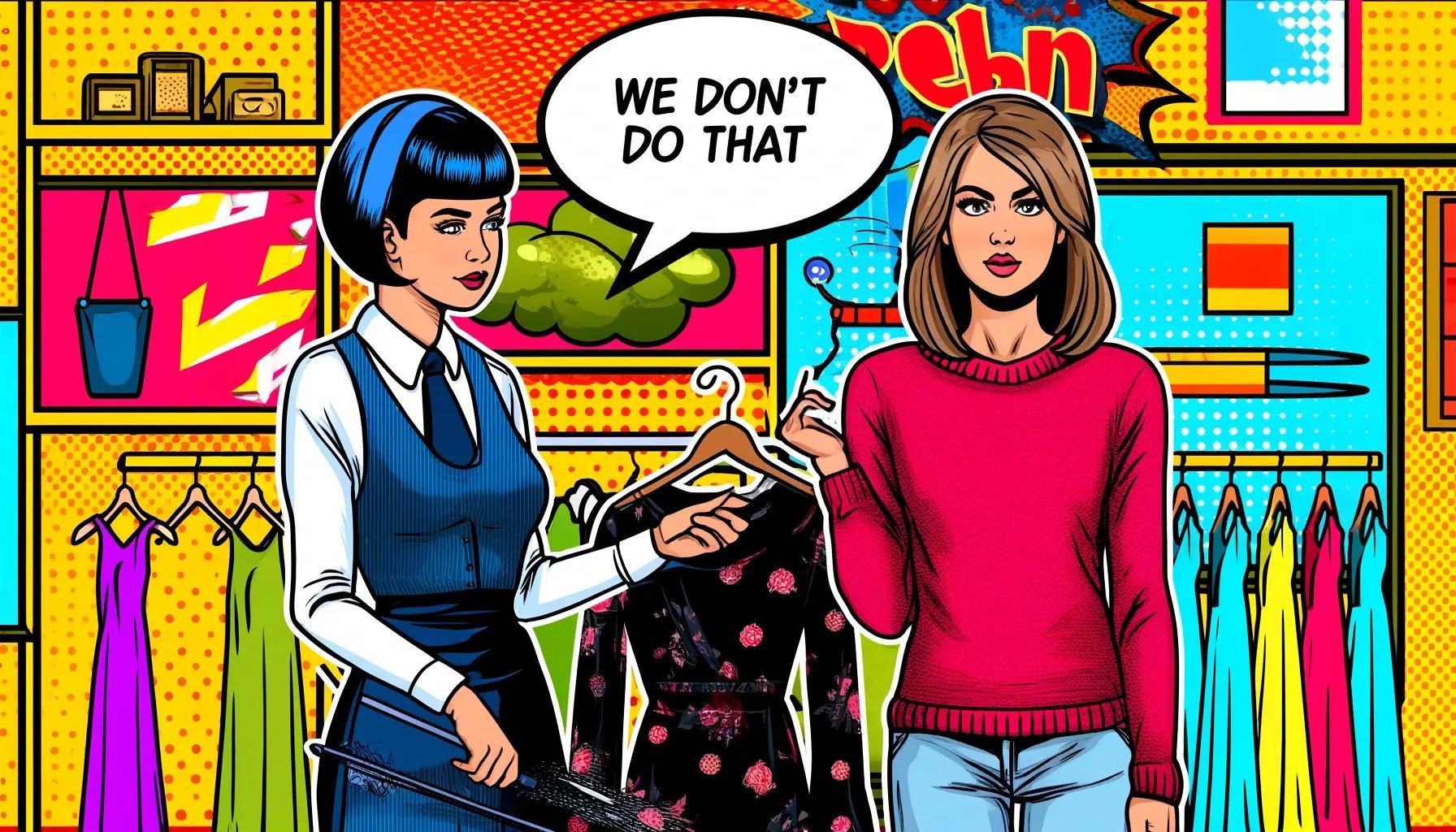 DALL·E 2024-05-14 15.30.32 - A pop-art style image set in a clothing store with two women. The woman on the left is an employee and has a speech bubble saying We dont do that. 