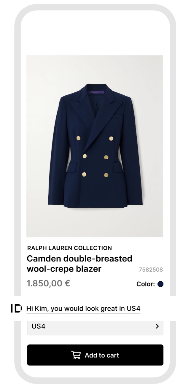 Product page showing a blazer with a Zizr size recommendation beside the size selector